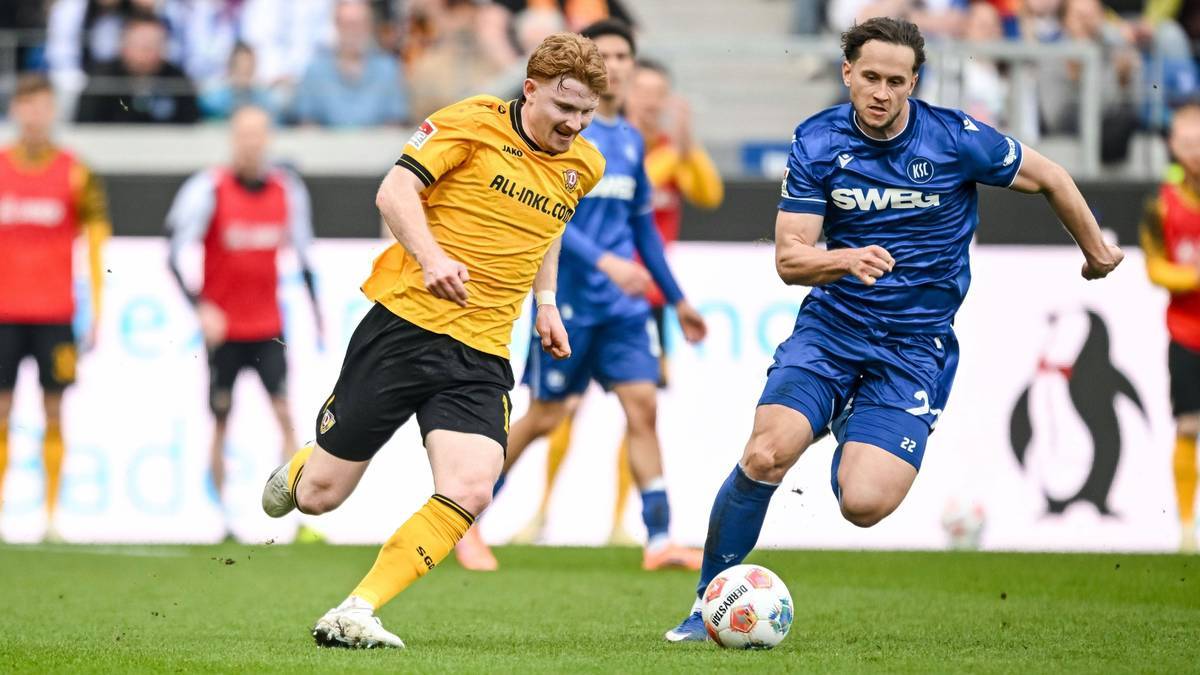 Dresdens Wagner im Zweikampf mit KSC-Profi Kobald